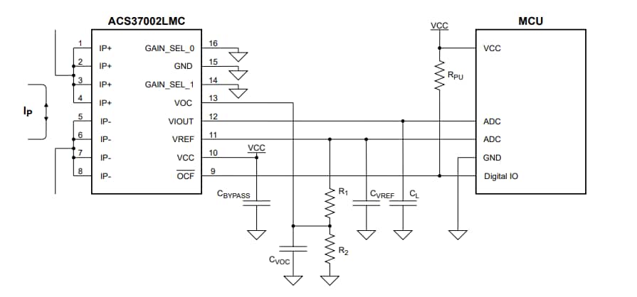Schéma du circuit d'application - Allegro MicroSystems CI de capteurs de courant de haute précision de 400 kHz ACS37002